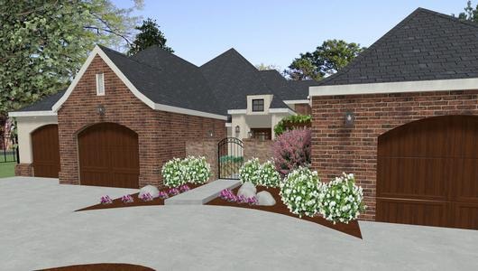 3D CAD rendering of brick home with arched garages