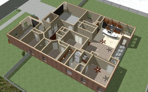 3D aerial floor plan CAD rendering showing room layout