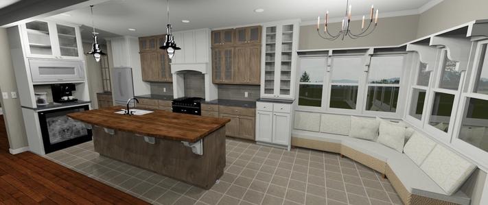 3D CAD kitchen rendering with farmhouse style and bay window seating